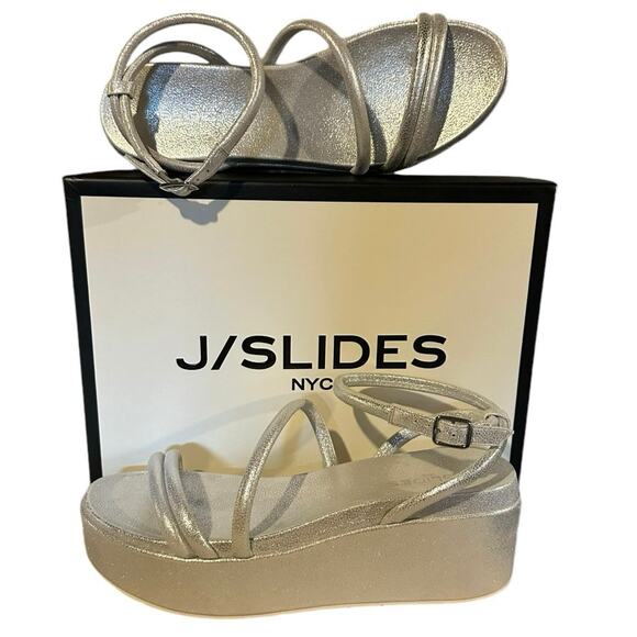 NEW J/SLIDES Quilt Platform Wedge Sandal in Silver Metallic Leather Womens 9 - Picture 3 of 12